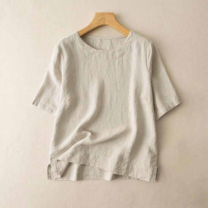 Camiseta de algodón para mujer con cuello redondo, manga corta y abertura lateral, con estampado de Buddha Stones - Beige - US12, UK/AU16, EU44 (3XL) - image 6