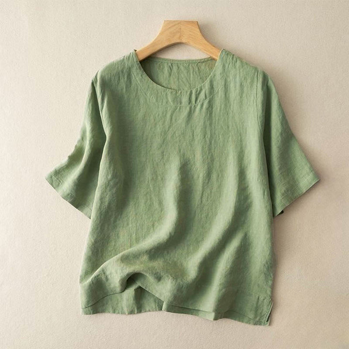 Camiseta de algodón para mujer con cuello redondo, manga corta y abertura lateral, con estampado de Buddha Stones - Verde claro - US12, UK/AU16, EU44 (3XL) - image 4