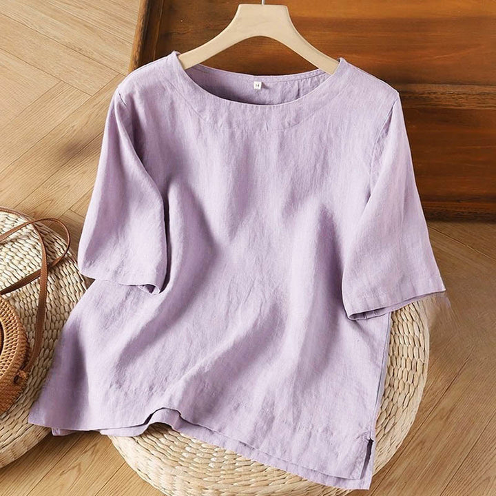 Camiseta de algodón para mujer con cuello redondo, manga corta y abertura lateral, con estampado de Buddha Stones - Ciruela - US8-10, UK/AU12-14, EU40-42 (3XL) - image 0