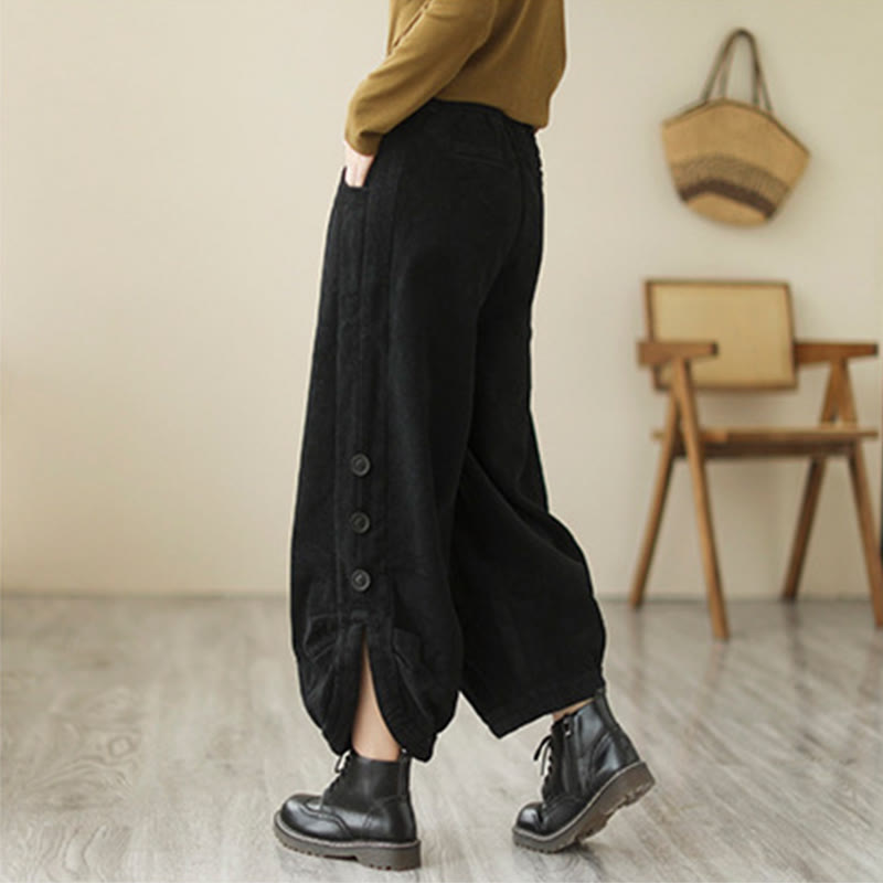 Pantalones de pana para mujer con diseño casual de Buddha Stones, botones y abertura en la pierna, con bolsillos. - image 10