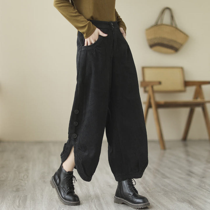 Pantalones de pana para mujer con diseño casual de Buddha Stones, botones y abertura en la pierna, con bolsillos. - Negro - US8-10，UK/AU12-14，EU40-42 (2XL) - image 9