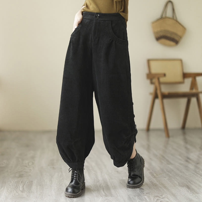 Pantalones de pana para mujer con diseño casual de Buddha Stones, botones y abertura en la pierna, con bolsillos. - image 8