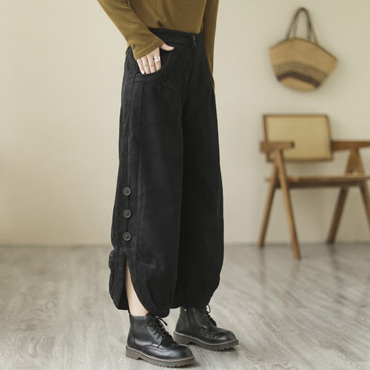 Pantalones de pana para mujer con diseño casual de Buddha Stones, botones y abertura en la pierna, con bolsillos. - image 9