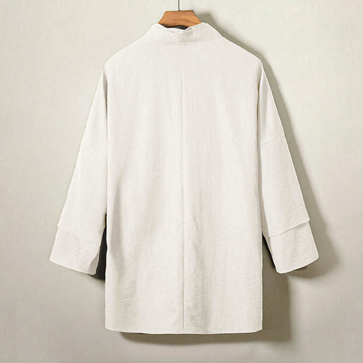 Chaqueta tipo kimono de lino y algodón de manga larga para hombre con diseño de Buddha Stones y cordones, abierta al frente - image 7