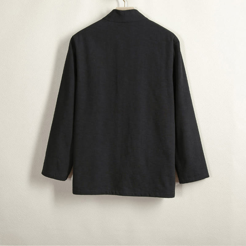 Chaqueta estilo kimono de lino y algodón con forro polar, manga larga, botones de rana y abertura frontal para hombre de Buddha Stones - image 10