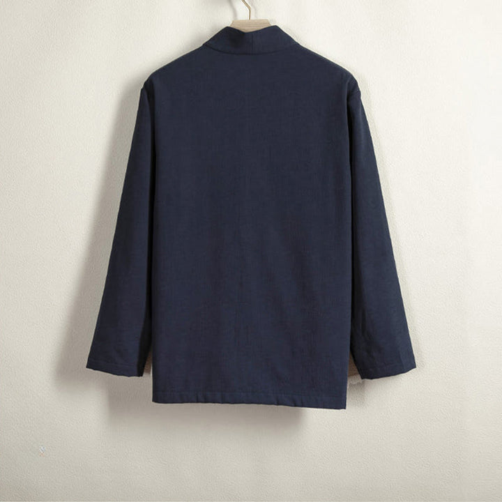 Chaqueta estilo kimono de lino y algodón con forro polar, manga larga, botones de rana y abertura frontal para hombre de Buddha Stones - image 1