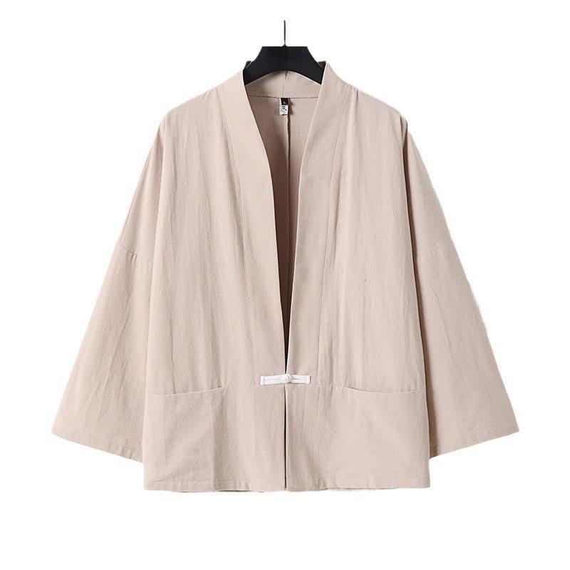 Chaqueta estilo kimono de lino y algodón con diseño de botones y mangas largas de Buddha Stones para hombre, abierta al frente, con bolsillos - image 14