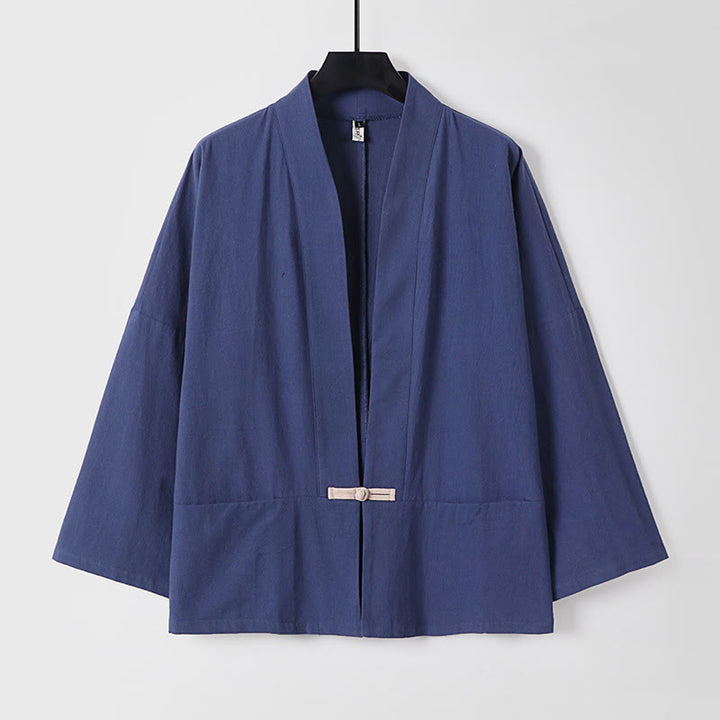 Chaqueta estilo kimono de lino y algodón con diseño de botones y mangas largas de Buddha Stones para hombre, abierta al frente, con bolsillos - Azul pizarra oscuro - US/UK/AU54, EU64 (9XL) - image 14