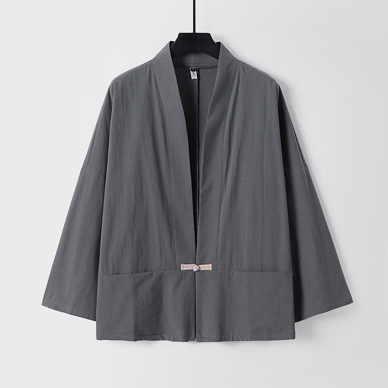Chaqueta estilo kimono de lino y algodón con diseño de botones y mangas largas de Buddha Stones para hombre, abierta al frente, con bolsillos - Gris oscuro - US/UK/AU54, EU64 (9XL) - image 1