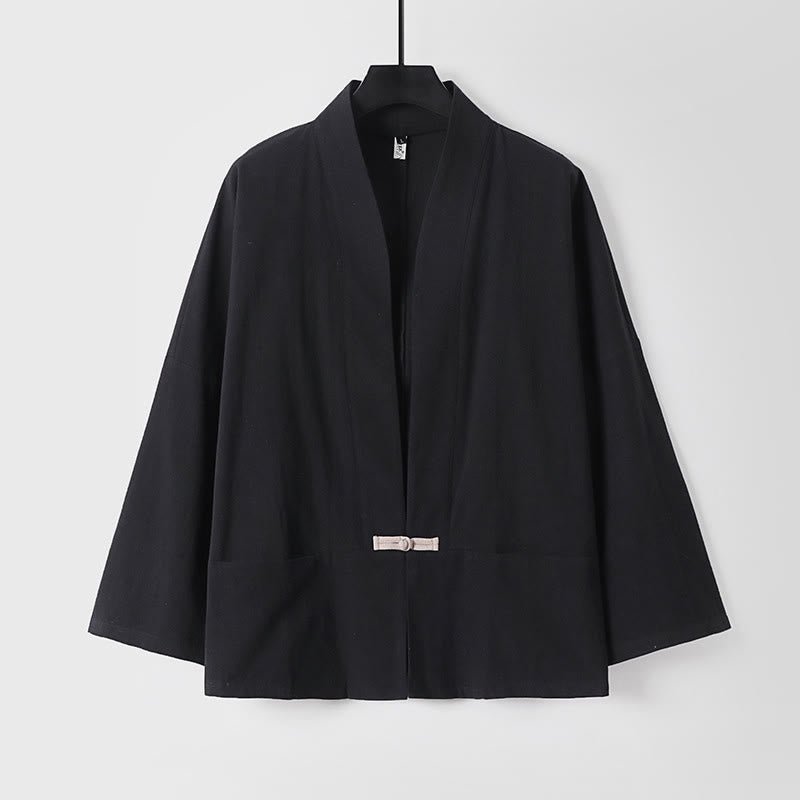 Chaqueta estilo kimono de lino y algodón con diseño de botones y mangas largas de Buddha Stones para hombre, abierta al frente, con bolsillos - Negro - US/UK/AU54, EU64 (9XL) - image 3