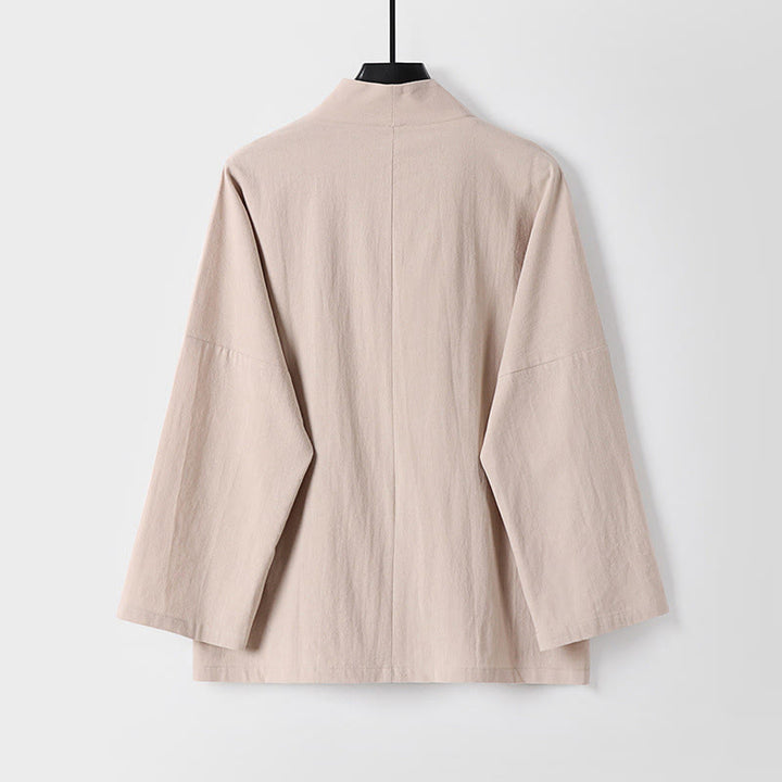 Chaqueta estilo kimono de lino y algodón con diseño de botones y mangas largas de Buddha Stones para hombre, abierta al frente, con bolsillos - image 4
