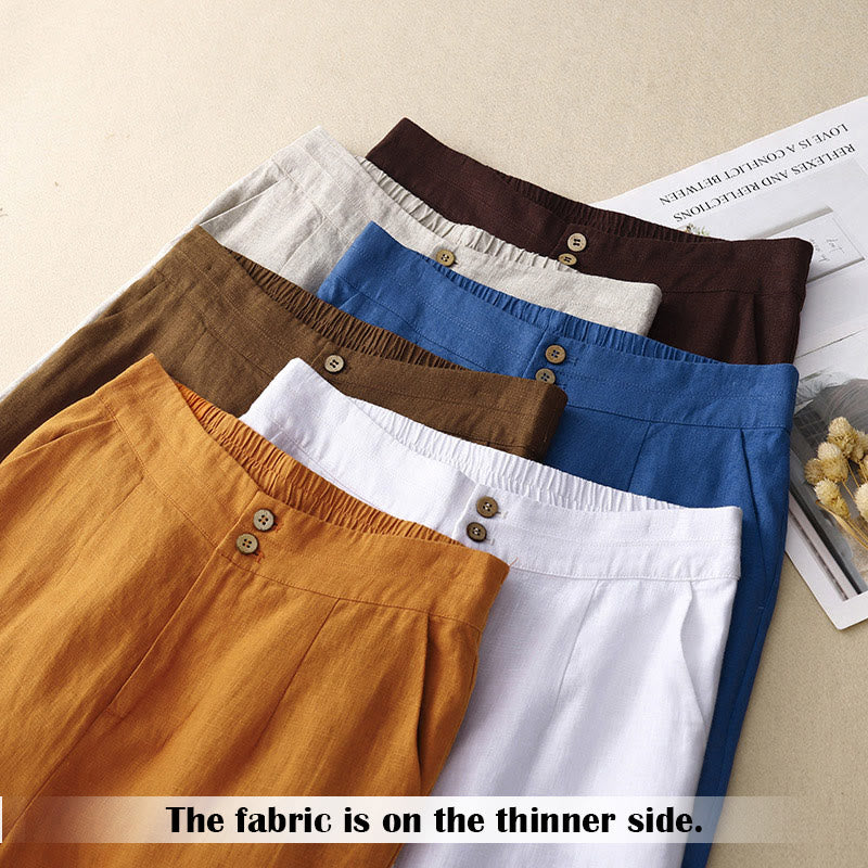 Pantalones anchos de lino con diseño sencillo e informal de verano para mujer con bolsillos con cremallera de Buddha Stones - image 69