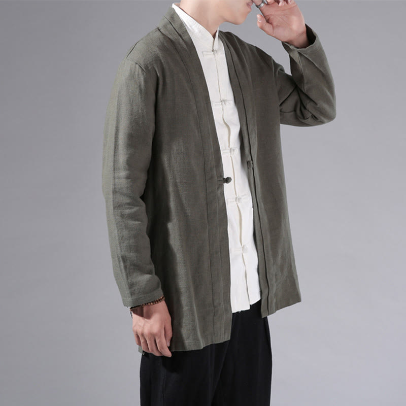 Chaqueta tipo kimono de manga larga para hombre, de algodón y lino, con diseño sencillo y liso, con abertura frontal y Buddha Stones - image 1