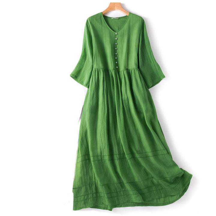 Vestido midi de algodón de media manga con escote en V y diseño de Buddha Stones para verano - Verde - US12, UK/AU16, EU44 (2XL) - image 0