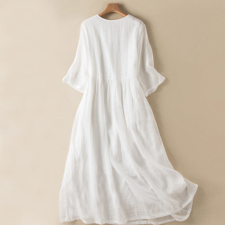 Vestido midi de algodón de media manga con escote en V y diseño de Buddha Stones para verano - image 23