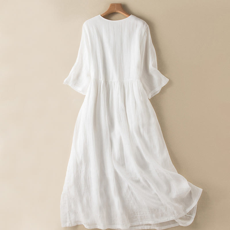 Vestido midi de algodón de media manga con escote en V y diseño de Buddha Stones para verano - image 23