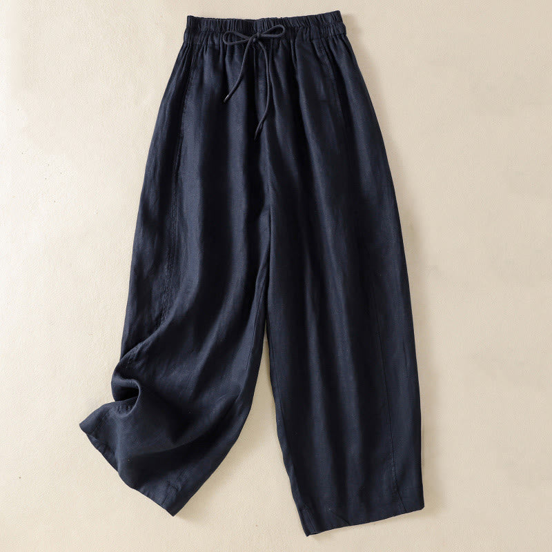 Pantalones anchos de lino y algodón con cordón ajustable para mujer, diseño sencillo, con bolsillos, de Buddha Stones Commute - Azul medianoche - US8-10，UK/AU12-14，EU40-42 (2XL) - image 14