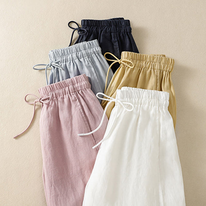 Pantalones anchos de lino y algodón con cordón ajustable para mujer, diseño sencillo, con bolsillos, de Buddha Stones Commute - image 36