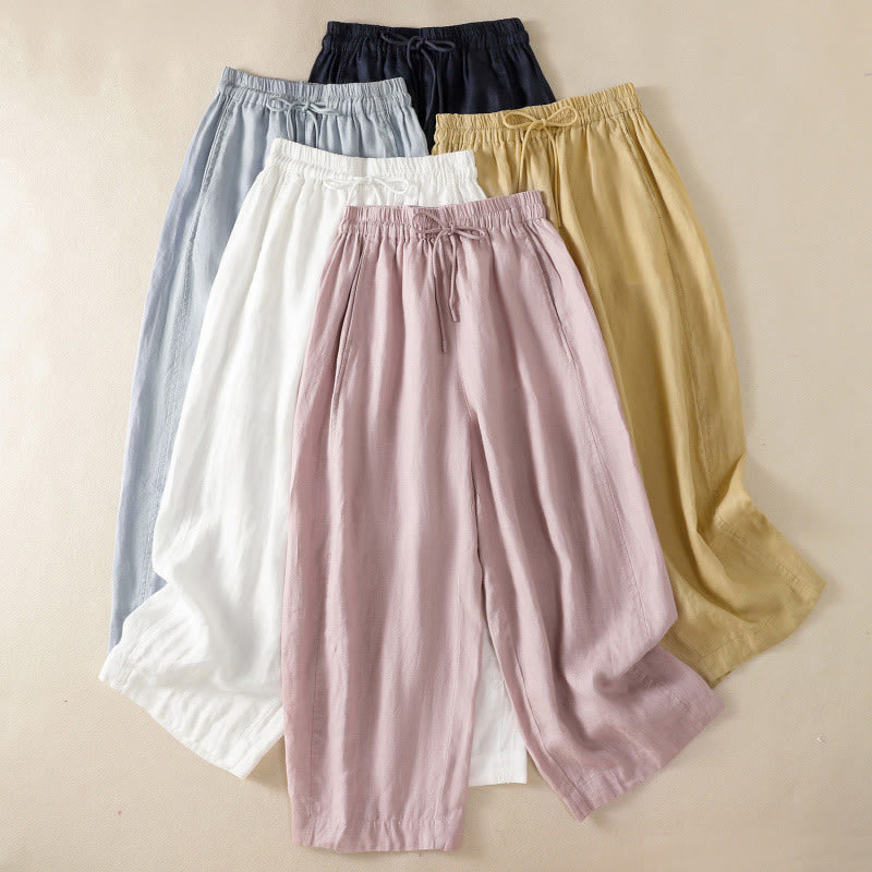Pantalones anchos de lino y algodón con cordón ajustable para mujer, diseño sencillo, con bolsillos, de Buddha Stones Commute - image 35
