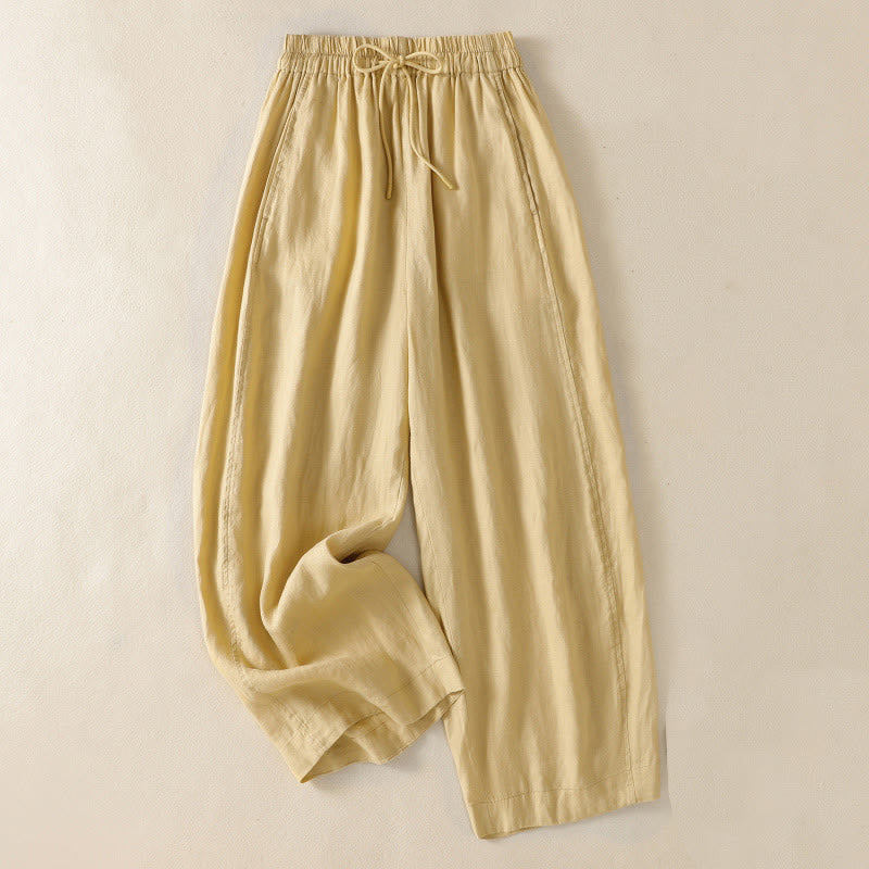 Pantalones anchos de lino y algodón con cordón ajustable para mujer, diseño sencillo, con bolsillos, de Buddha Stones Commute - Caqui - US8-10，UK/AU12-14，EU40-42 (2XL) - image 8