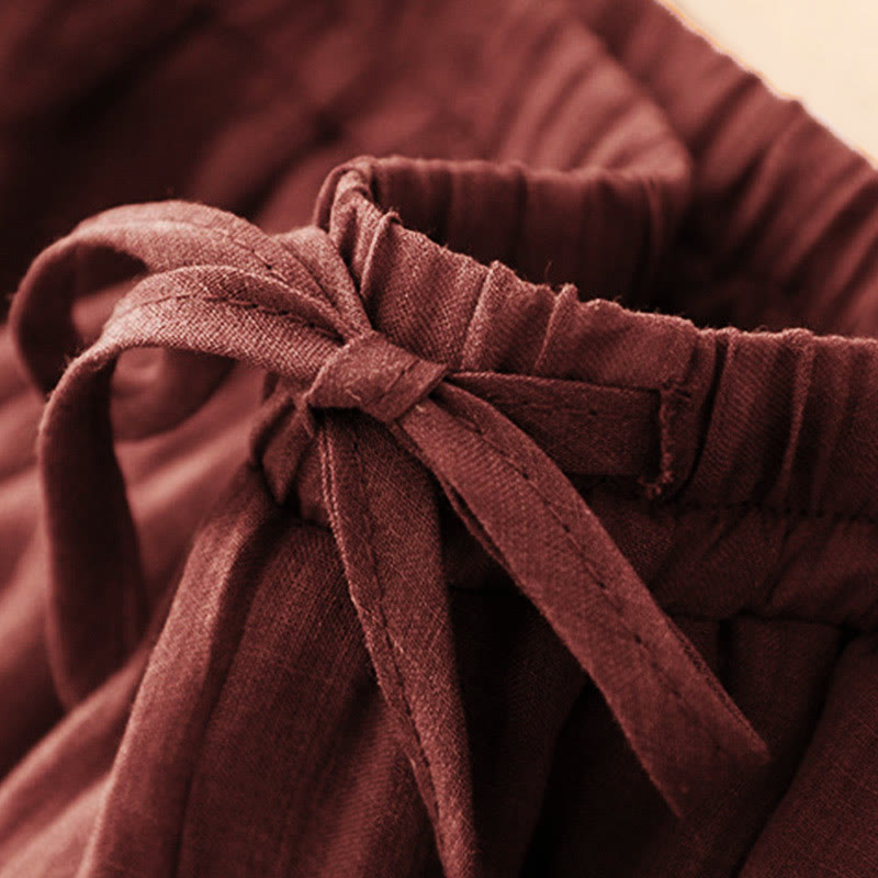 Pantalones anchos de mujer con bolsillos y cordón ajustable de color puro Buddha Stones Spring de doble capa - image 1