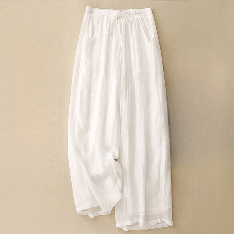 Pantalones anchos de mujer con bolsillos y cordón ajustable de color puro Buddha Stones Spring de doble capa - Blanco - US8-10，UK/AU12-14，EU40-42 (2XL) - image 7