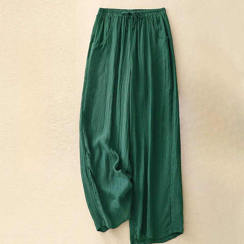 Pantalones anchos de mujer con bolsillos y cordón ajustable de color puro Buddha Stones Spring de doble capa - Verde bosque - US8-10，UK/AU12-14，EU40-42 (2XL) - image 10