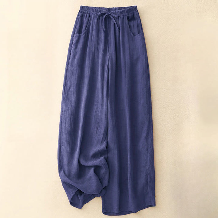 Pantalones anchos de mujer con bolsillos y cordón ajustable de color puro Buddha Stones Spring de doble capa - Índigo - US8-10，UK/AU12-14，EU40-42 (2XL) - image 15