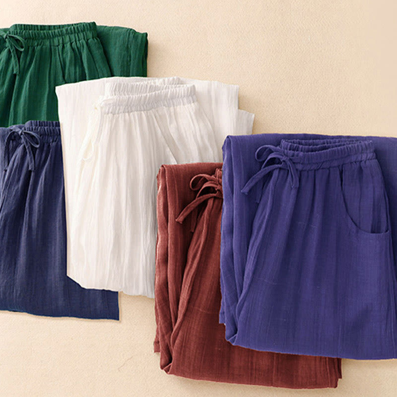 Pantalones anchos de mujer con bolsillos y cordón ajustable de color puro Buddha Stones Spring de doble capa - image 21