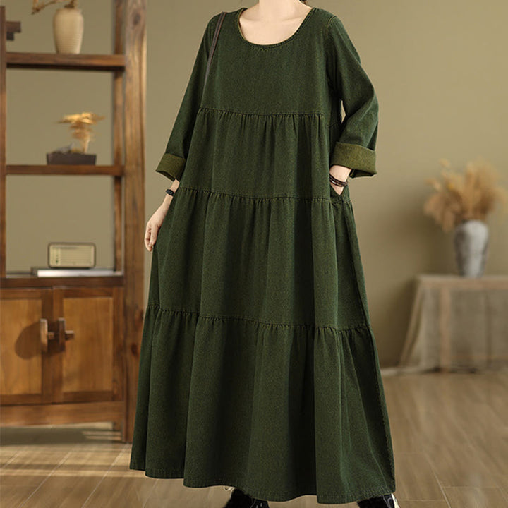 Vestido largo de algodón con diseño de patchwork, manga larga y bolsillos, para mujer , con Buddha Stones en verde oliva oscuro - image 3