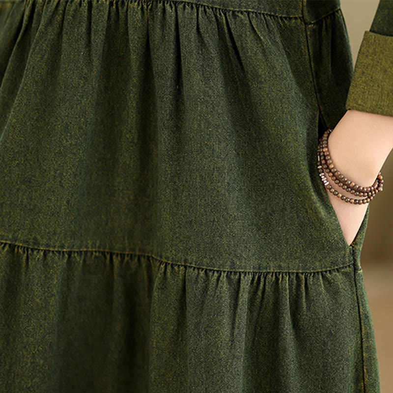 Vestido largo de algodón con diseño de patchwork, manga larga y bolsillos, para mujer , con Buddha Stones en verde oliva oscuro - image 13