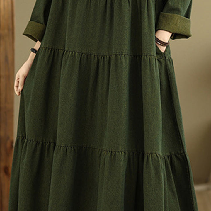 Vestido largo de algodón con diseño de patchwork, manga larga y bolsillos, para mujer , con Buddha Stones en verde oliva oscuro - image 8