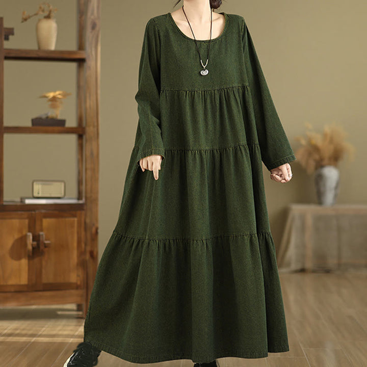 Vestido largo de algodón con diseño de patchwork, manga larga y bolsillos, para mujer , con Buddha Stones en verde oliva oscuro - image 7
