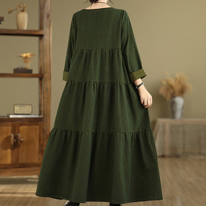 Vestido largo de algodón con diseño de patchwork, manga larga y bolsillos, para mujer , con Buddha Stones en verde oliva oscuro - image 5