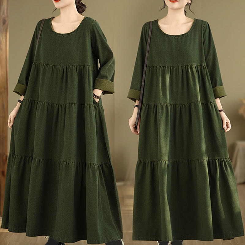 Vestido largo de algodón con diseño de patchwork, manga larga y bolsillos, para mujer , con Buddha Stones en verde oliva oscuro - Verde oliva oscuro - US14, UK/AU18, EU46 (3XL) - image 0