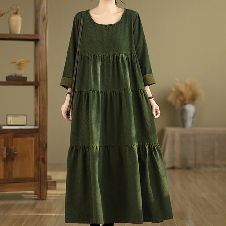 Vestido largo de algodón con diseño de patchwork, manga larga y bolsillos, para mujer , con Buddha Stones en verde oliva oscuro - image 5