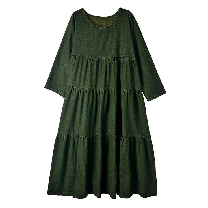 Vestido largo de algodón con diseño de patchwork, manga larga y bolsillos, para mujer , con Buddha Stones en verde oliva oscuro - image 14
