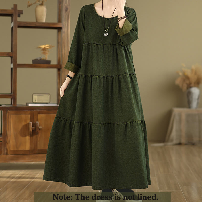 Vestido largo de algodón con diseño de patchwork, manga larga y bolsillos, para mujer , con Buddha Stones en verde oliva oscuro - image 1