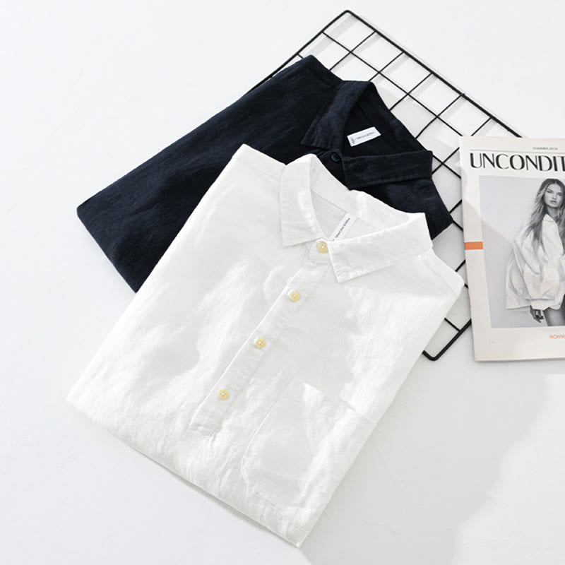 Camisa de lino para hombre, manga larga, suelta, color liso, con medio botón y Buddha Stones - image 17