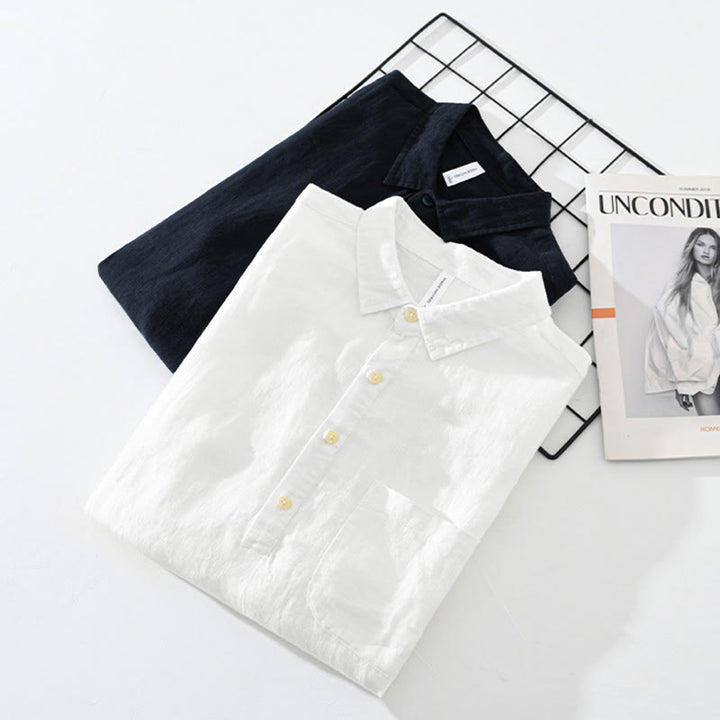 Camisa de lino para hombre, manga larga, suelta, color liso, con medio botón y Buddha Stones - image 17