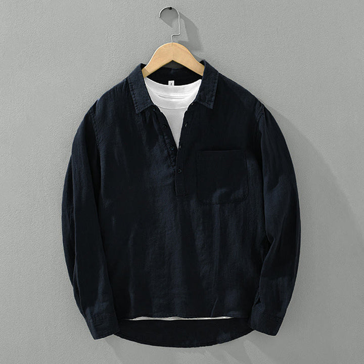 Camisa de lino para hombre, manga larga, suelta, color liso, con medio botón y Buddha Stones - image 14