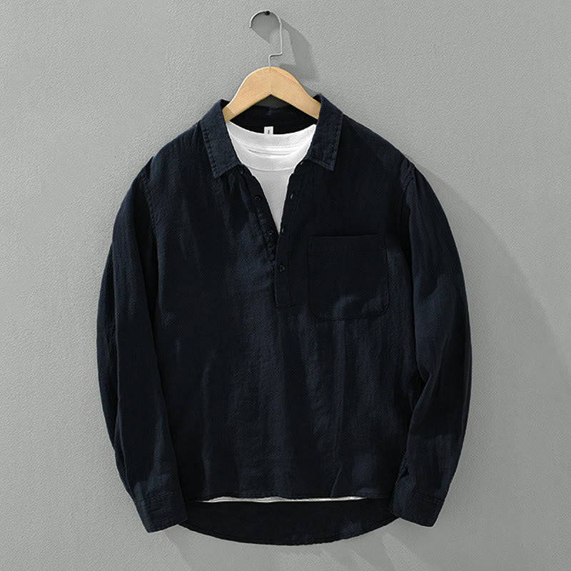 Camisa de lino para hombre, manga larga, suelta, color liso, con medio botón y Buddha Stones - image 13