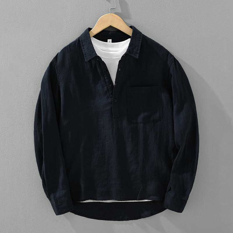 Camisa de lino para hombre, manga larga, suelta, color liso, con medio botón y Buddha Stones - Azul oscuro - US/UK/AU42, EU52 (3XL) - image 9