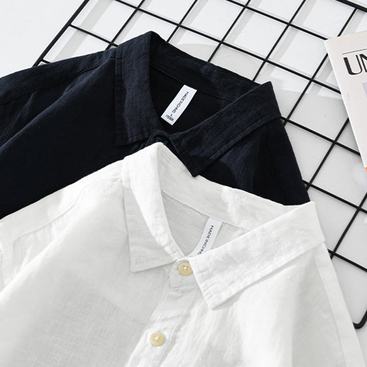 Camisa de lino para hombre, manga larga, suelta, color liso, con medio botón y Buddha Stones - image 15