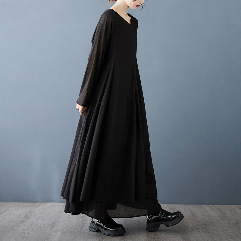 Vestido midi de algodón de manga larga para mujer con diseño de doble capa y Buddha Stones - Negro - US12, UK/AU16, EU44 (2XL) - image 4
