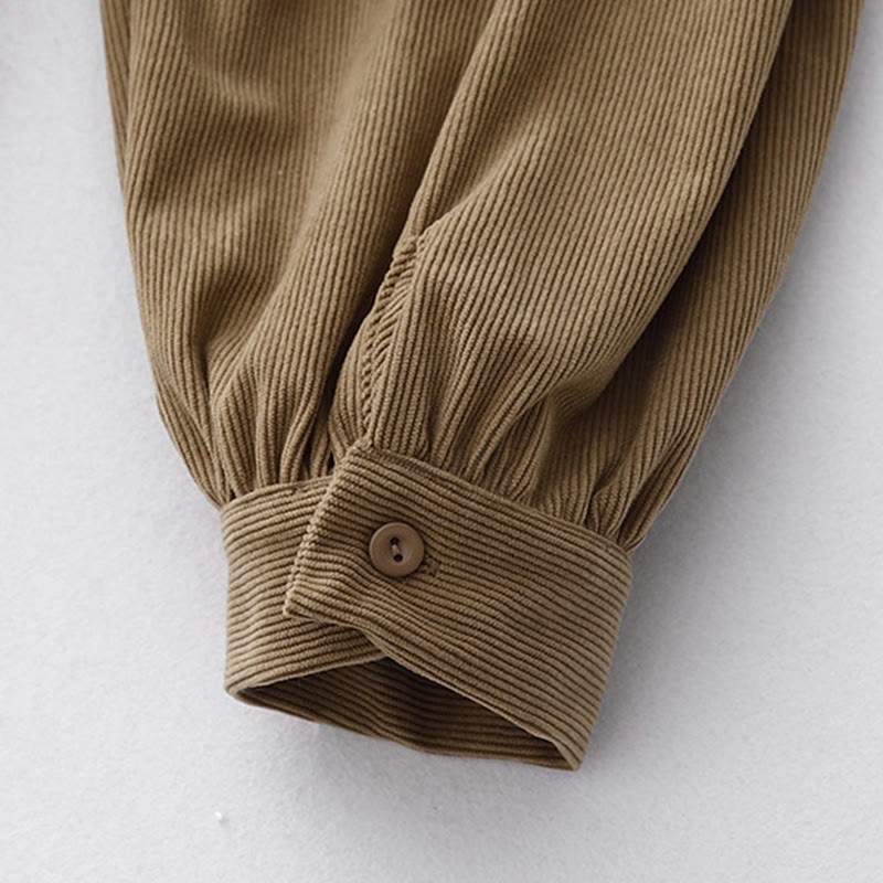 Vestido midi de pana color tostado liso con mangas abullonadas y estampado de Buddha Stones - image 8