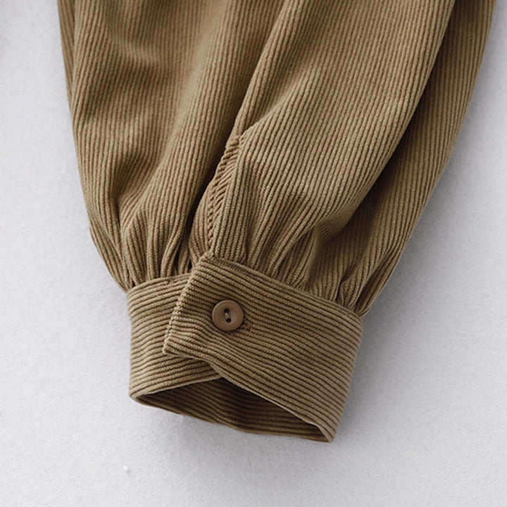 Vestido midi de pana color tostado liso con mangas abullonadas y estampado de Buddha Stones - image 8