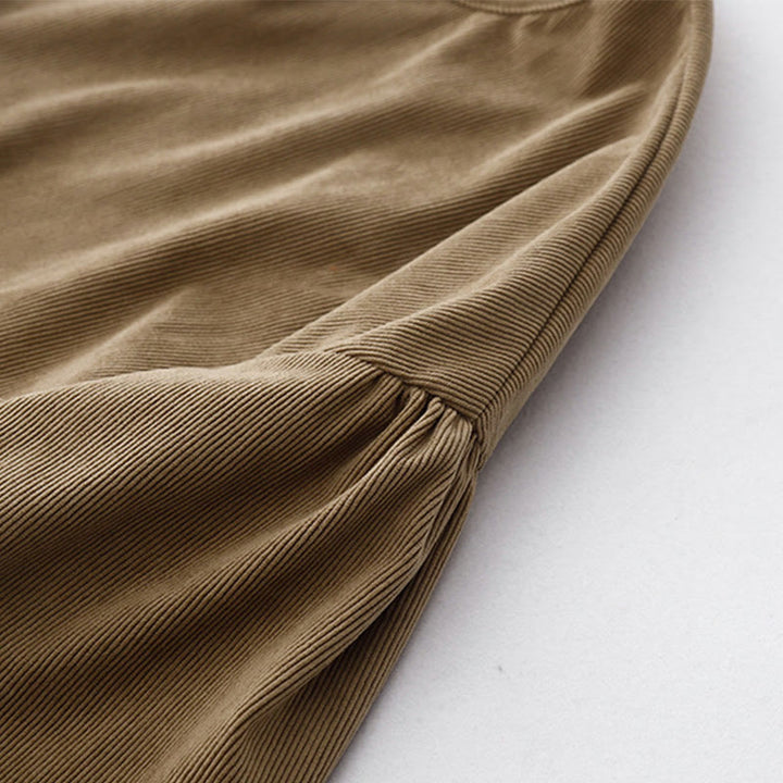 Vestido midi de pana color tostado liso con mangas abullonadas y estampado de Buddha Stones - image 9