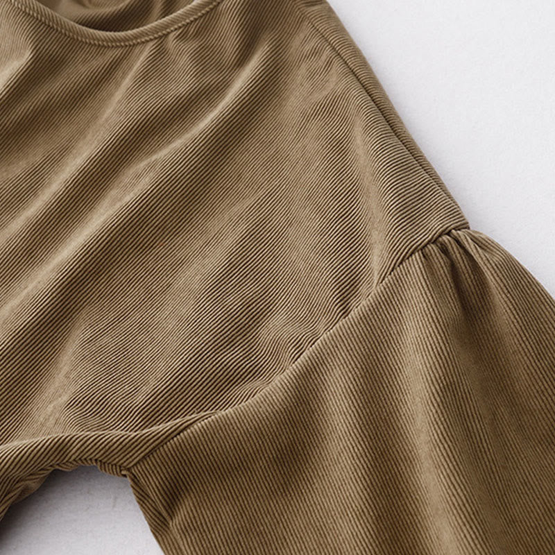 Vestido midi de pana color tostado liso con mangas abullonadas y estampado de Buddha Stones - image 7