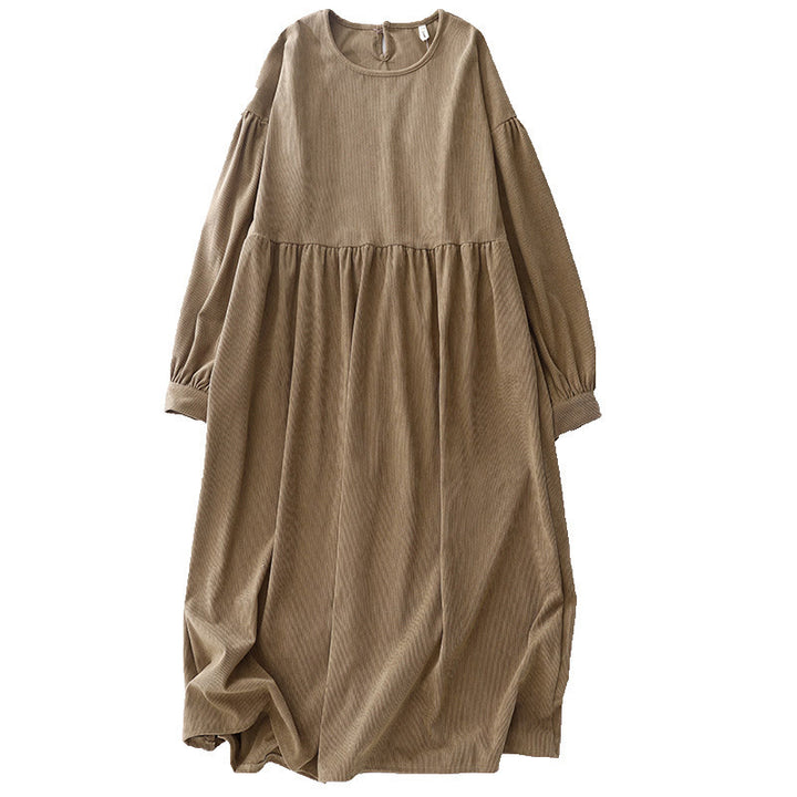 Vestido midi de pana color tostado liso con mangas abullonadas y estampado de Buddha Stones - image 15